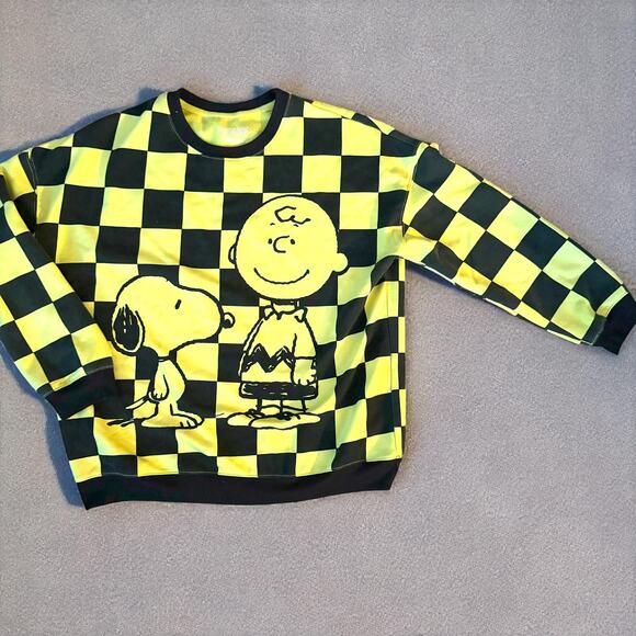 Checkered Pullover Black and Yellow Checkered Snoopy Sweatshirt Large - Picture 1 of 9